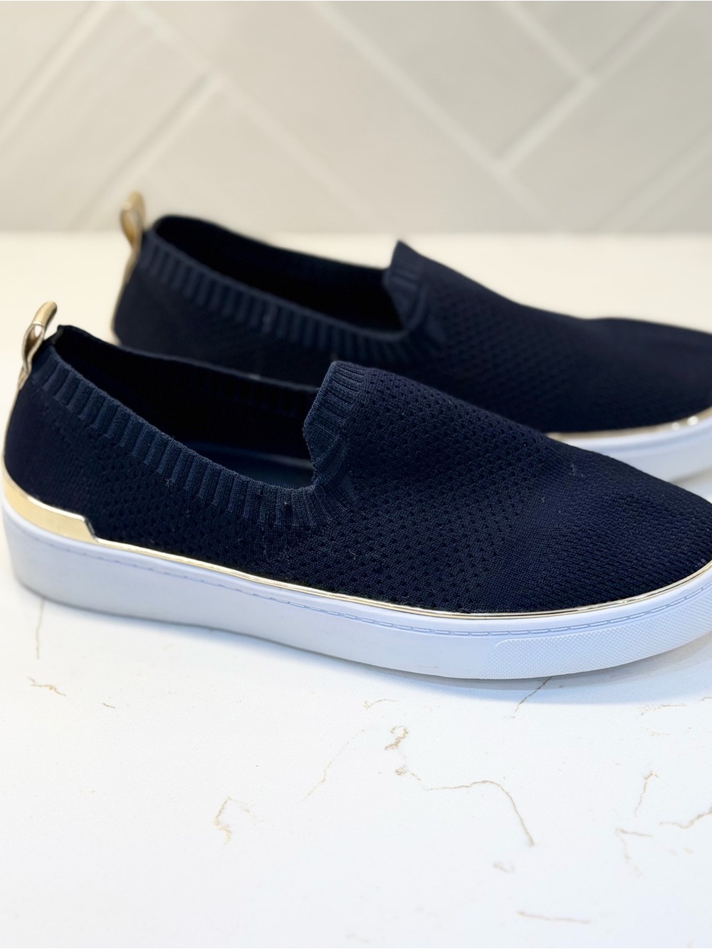 Comfortview Women’s  Navy Knit Slip-On Sneakers with Gold Accent. Size 8.5